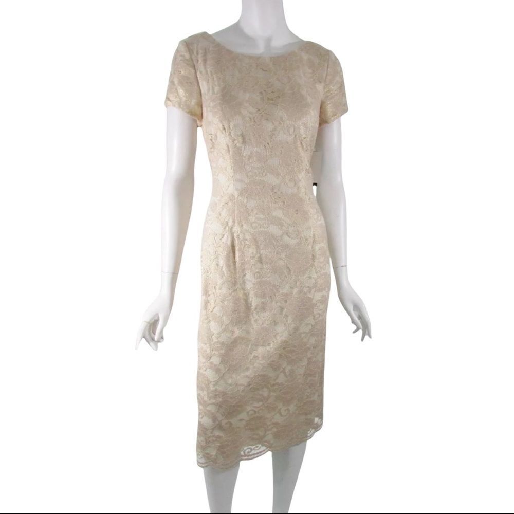 ‎Alex Evening Gold Lace Sheath MIDI Dress